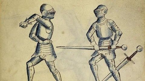 Historische Zeichnung zweier Fechter in Rüstung mit langen Schwertern